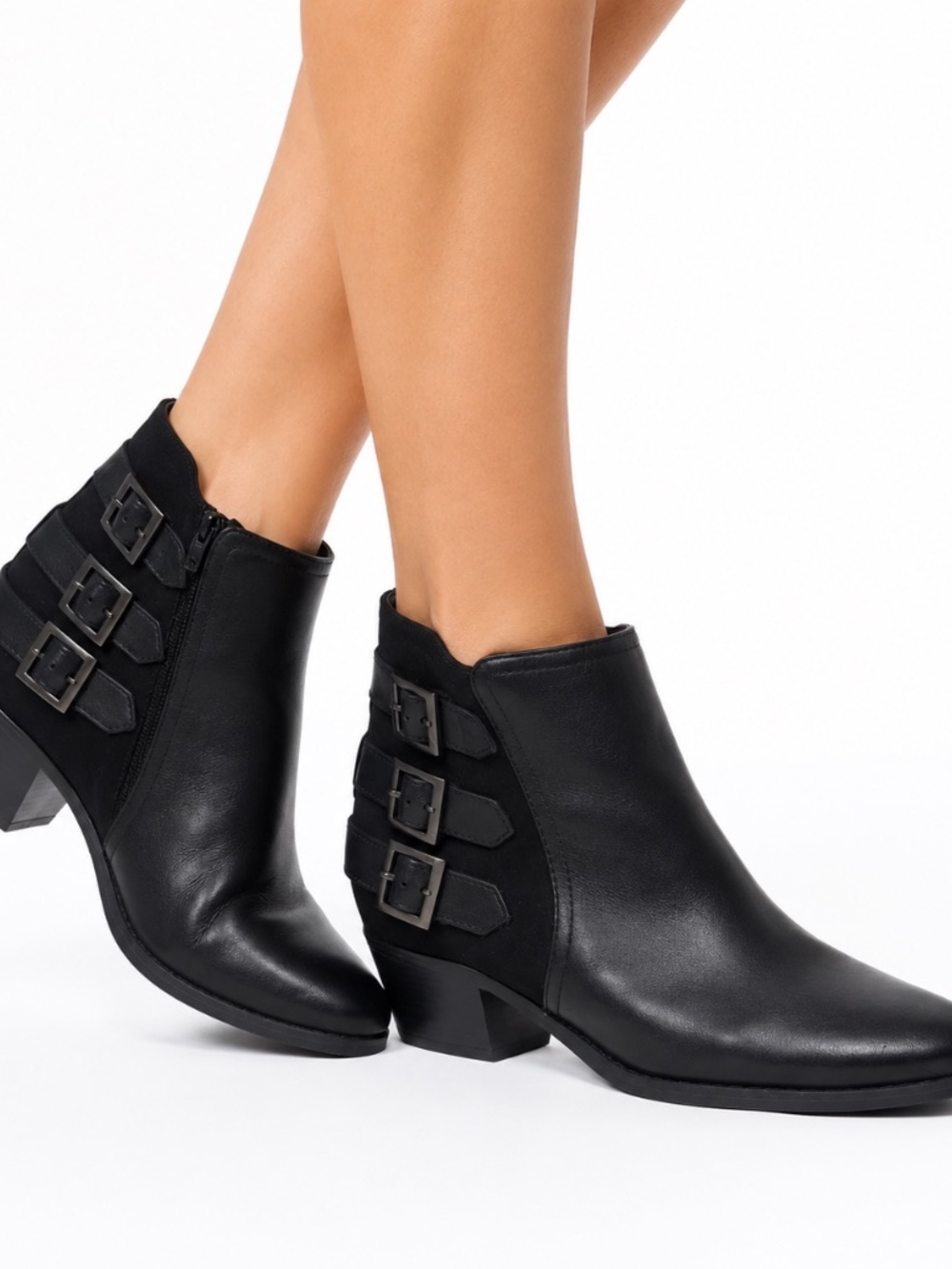 Arturo Chiang Black Leather Ankle Boots Buckle Strap Moto Western Low Block Heel